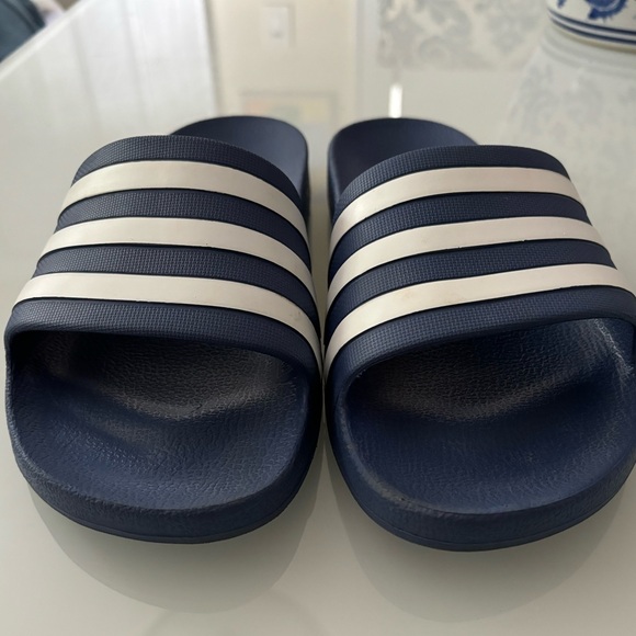 adidas® Adilette Aqua Slides Dark Blue with White Stripes, women’s Size 7 - Picture 5 of 6